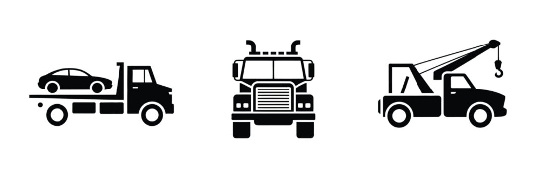Tow truck and car towing icons representing roadside assistance, vehicle recovery, emergency transport, breakdown service, and automotive support.