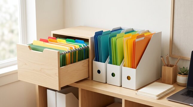 Neatly organized office desk with rainbow color-coded hanging file folders in drawer and desk holders depicting efficient file management