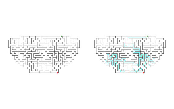 Plate shaped labyrinth with green entrance and red exit shown in unsolved and solved versions with cyan route through the puzzle