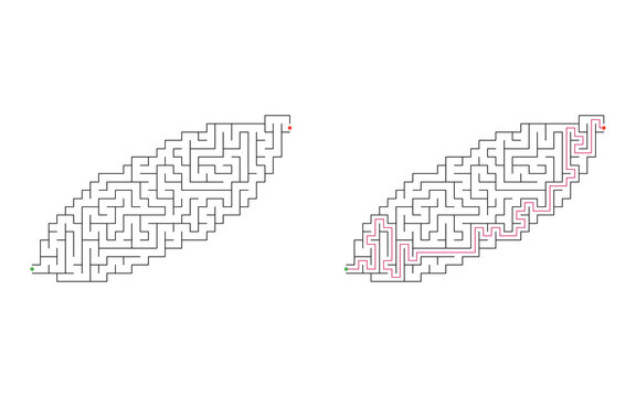 Sweet potato shaped maze puzzle with green start and red finish shown unsolved and solved with highlighted pink solution path on white background