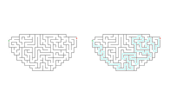 Plate shaped maze puzzle with green start and red finish displayed unsolved and solved with highlighted cyan solution path on white background