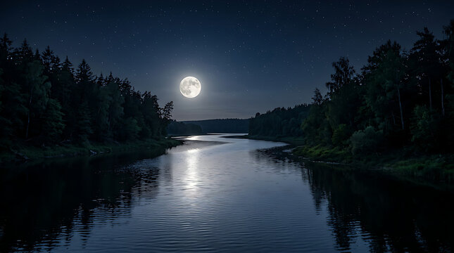 Serene Moonlit Reflection Over Forest River.