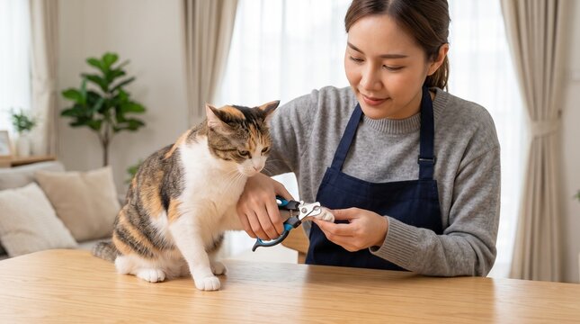 Woman trimming calico cat claws with special pet nail clippers at table depicting pet grooming home care and feline maintenance