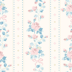 Fototapeta premium Floral Cross Stitch Vertical Stripe Pattern with Roses, Vintage Embroidery Design