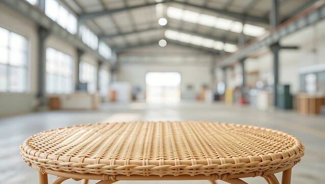 A woven table in the foreground of a large industrial warehouse.