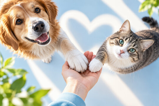 Dog and cat touch a human hand with their paws against a bright background, symbolizing trust, friendship, love and care for pets. Love and care. World Animal Day.