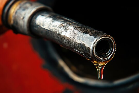 Drop of Golden Fuel Dripping from Fueling Nozzle Representing Oil Price Drop