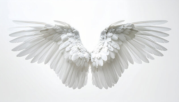 Single Detailed Angel Wing White Feathers Spread Open Plain Background Elegant