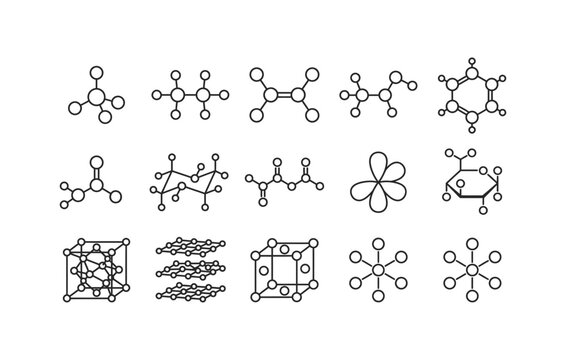 Molecular structure and organic chemistry vector line icon set with benzene ring crystal lattice cyclohexane and orbital