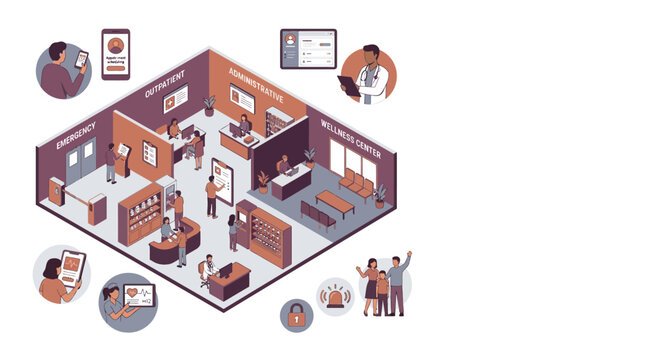 Modern Isometric Medical Center and Hospital Management Illustration. Featuring Digital Healthcare Services, Emergency, Outpatient, Pharmacy, and Administrative Departments.