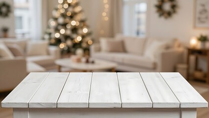 Obraz premium A white painted wooden table in a festive living room with a decorated Christmas tree.