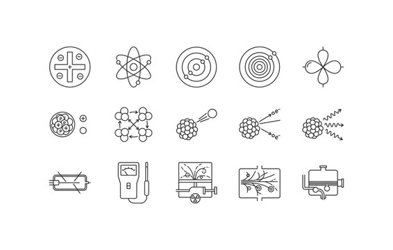 Atomic structure and nuclear physics vector line icon set with bohr model geiger counter radiation decay and orbital