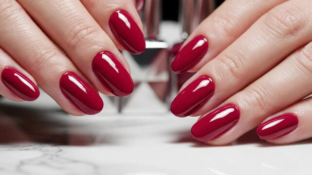 Close up view of perfectly manicured hands with long oval shaped shiny red nail polish on a white surface