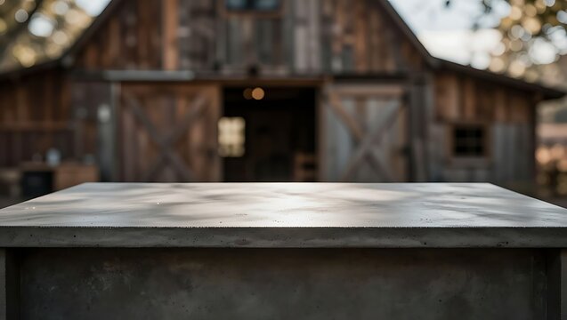 An empty concrete table surface with a blurred background of a rustic wooden barn.