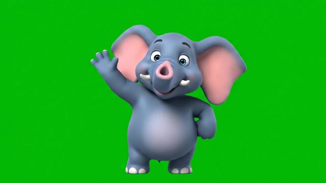Cheerful animated cartoon elephant waving, winking, and ready to explore and discover fun things for kids on green screen