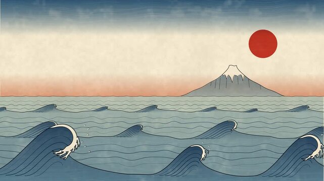 Stylized waves and Mount Fuji in Japanese art style. Looped animation