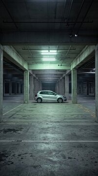 Silver hatchback car parked in a vast empty concrete parking garage under cool fluorescent lighting creating a sense of urban detachment and quiet isolation in a modern industrial space.