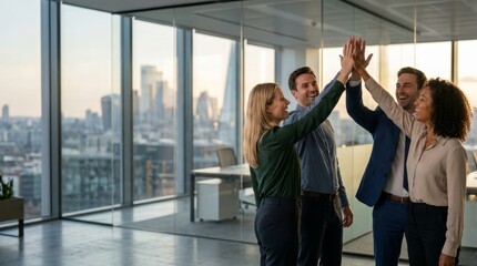 Fototapeta na wymiar Four colleagues smiling and high-fiving in a modern office with a city view, exuding teamwork and success.