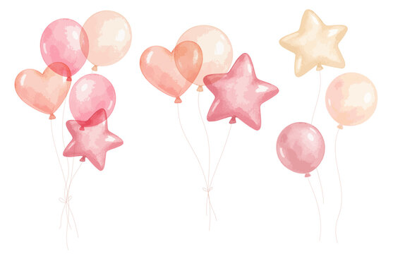 Cute Vector Balloon Set for Baby Girl, Pastel Pink Star and Heart Balloons for Birthday and Baby Shower