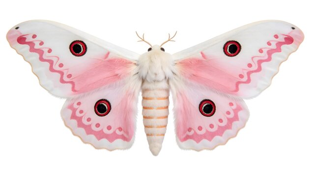 Realistic White and Pink Moth with Red Eyespots on White Background