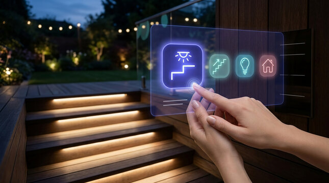 Modern Smart Home Technology with Hands Using a Futuristic Holographic Interface to Control Outdoor LED Lighting and Staircase Lamps at Night