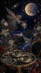 Obraz premium Enchanting celestial scene with angel and moonlit tea mobile wallpaper