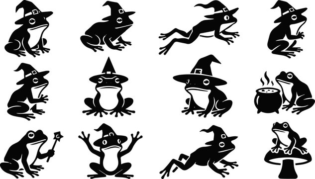 set of cute frog silhouette icons wearing witch hats for halloween design