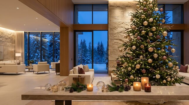 Luxurious living room interior with a decorated christmas tree and a snowy winter landscape view