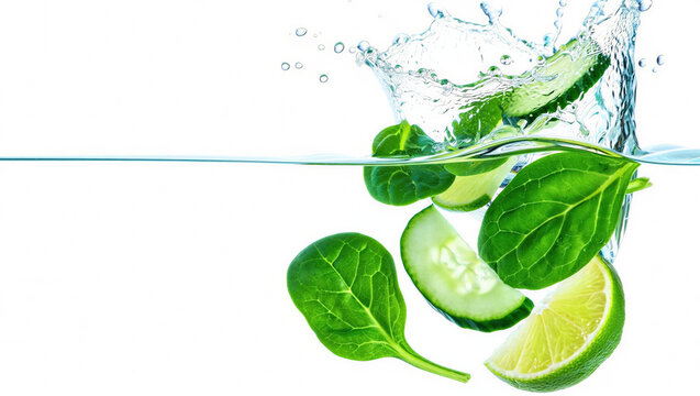 Fresh green leaves, cucumber slices, and lime wedges splash into clear water on a white background, suggesting hydration and healthy food.
