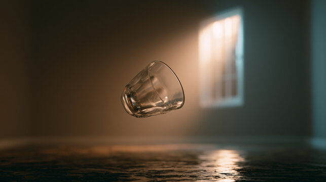 Minimalist falling glass cup in empty room with neon cyberpunk lighting and sepia