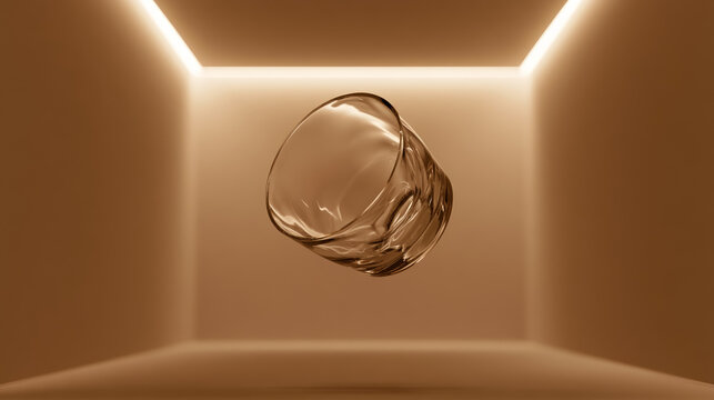 Minimalist falling glass cup in empty room with neon cyberpunk lighting and sepia