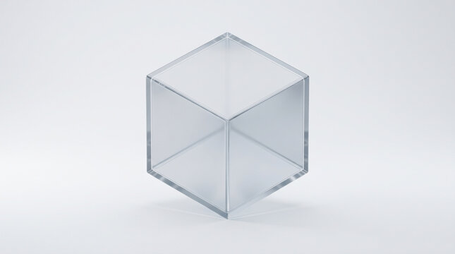 A transparent glass cube isolated on white background, representing clarity, minimalism, and modern geometric design