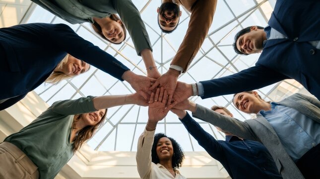 A group of professionals unite in teamwork beneath a geometric glass roof, symbolizing collaboration.