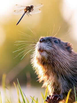Curious muskrat looking up at a flying dragonfly