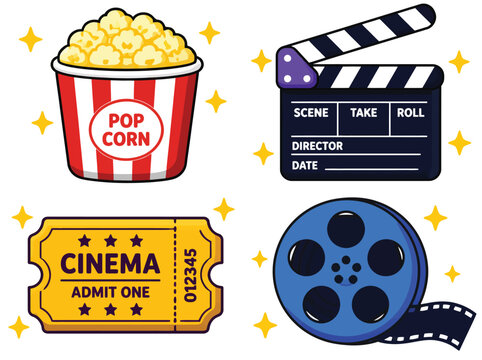 Cinema movie night icons popcorn ticket clapperboard film reel.