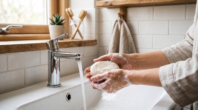 Close up of hands lathering solid shampoo bar under running water in bathroom sink depicting zero-waste hair care and eco-friendly hygiene
