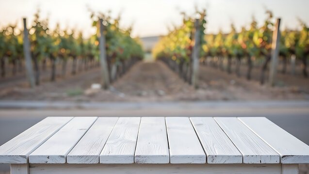 A rustic white wooden table is set against a vibrant vineyard at sunset.