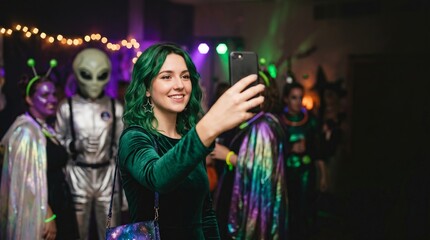 Fototapeta premium Young woman with green hair takes a smartphone selfie at a colorful alien themed Halloween costume party