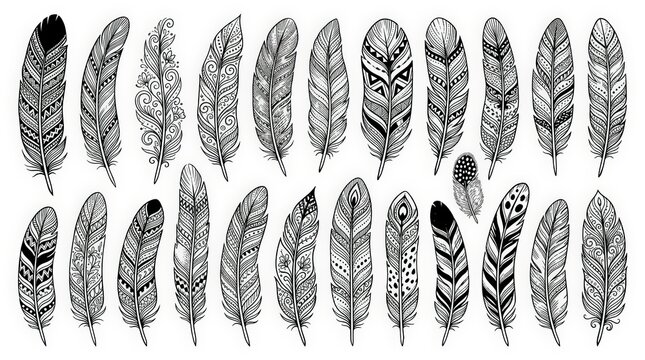 Set of hand-drawn decorative feathers with intricate tribal patterns and boho style elements isolated on a white background for creative design projects