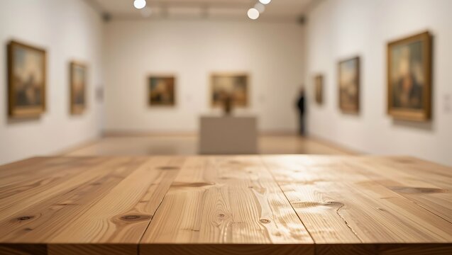 A light-colored wooden table surface is presented with an art gallery exhibition and paintings in the background.
