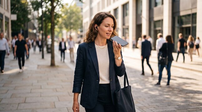 Businesswoman holding smartphone to record voice note while walking on busy city sidewalk depicting modern urban mobility