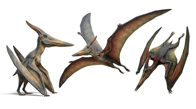 Pterodactyl Dinosaurs in Flight and Standing Poses Isolated on White