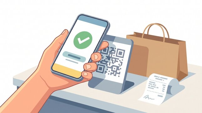 Cashless Digital Payment at Small Business Vector Illustration