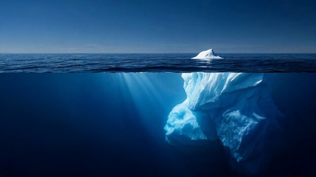 iceberg underwater split view with light rays illuminating hidden ice mass
