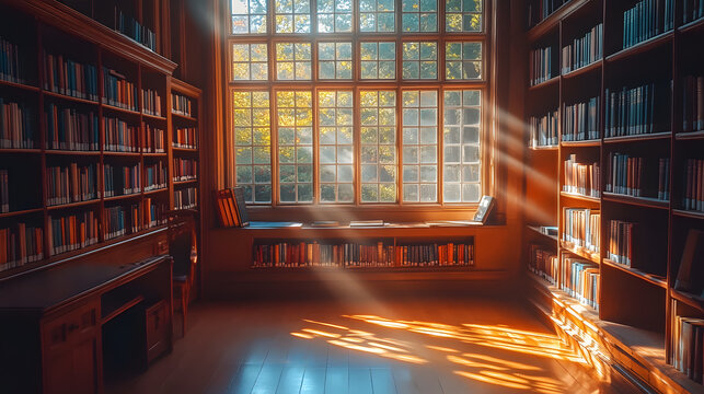 Quiet library interior with warm morning sunlight, bookshelves, reading space, and peaceful study atmosphere.