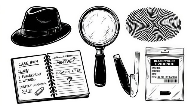 Detective investigation tools and forensic evidence collection items set including a fedora hat, magnifying glass, fingerprint, notebook, knife, and evidence bag