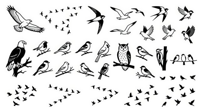 Black flying bird silhouettes set, monochrome wild birds vector collection, minimalist eagle owl swallow icons on white background