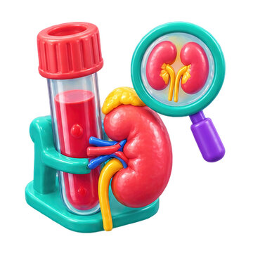 3D medical illustration of a human kidney model with a blood test tube and magnifying glass icon