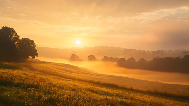 Scenic countryside landscape with misty sunrise, peaceful rural nature, golden dawn light.