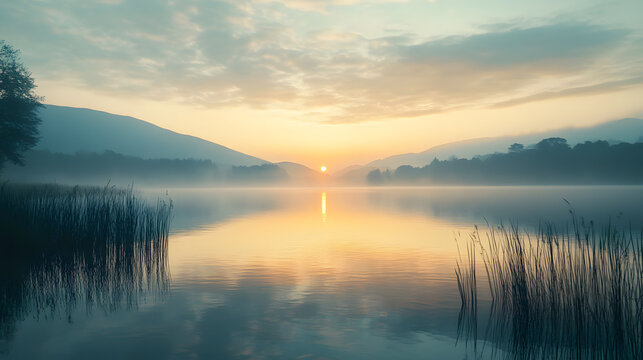 Calm sunrise reflected on a still lake, creating a peaceful scene of natural beauty and hope.